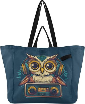 Generic Owl Radio Teal print Reusable Canvas Tote Bag, Heavy Duty Grocery Shopping Bag with Double Handles Large Capacity Hard Bottom Work Groceries Travel