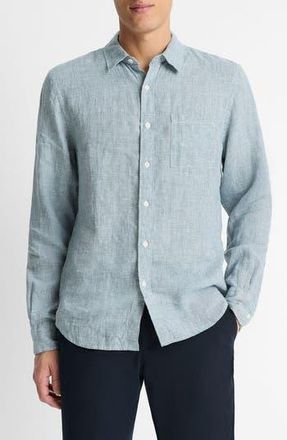 Vince Houndstooth Classic Fit Linen Button-Up Shirt in Marlin Teal/Optic White at Nordstrom Rack, Size X-Small
