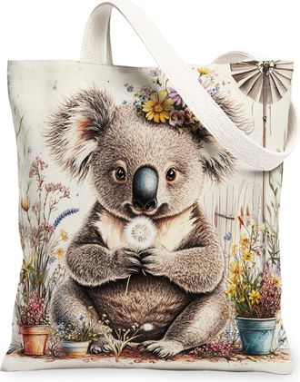 Generic Spring Koala Canvas Tote Bag for Shopping 13x15, Farmhouse Country Animal Reusable Grocery Print Bag for Women, Farm Wildflower Beach Aesthetic Painti