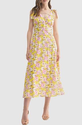 Lush Shoulder Tie Midi Dress in Yellow Pink Floral at Nordstrom Rack, Size Medium