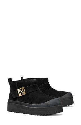 Tory Burch Mellow Genuine Shearling Lined Platform Boot in Perfect Black /Gold at Nordstrom, Size 6.5