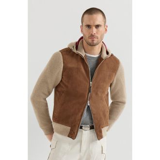 Brunello Cucinelli Suede and cashmere knit hooded bomber jacket with Thermore padding in Brown at Nordstrom, Size Xxx-Large Eu