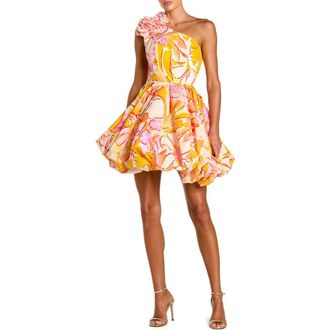Mac Duggal Floral One Shoulder Bubble Hem Faille Mini Dress in Sunshine Multi at Nordstrom, Size 12