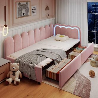 Merax 3ft Single Velvet Daybed with LED & 2 Storage Drawers for Children in Pink