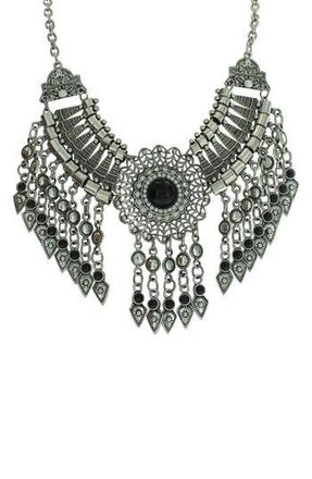 Olivia Welles Silver-Tone Crystal Fringe Statement Necklace in Antique Silver /Black at Nordstrom Rack