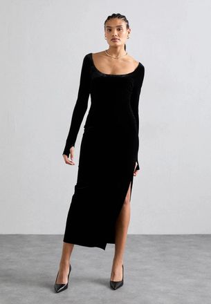 Norma Kamali Gown Dress Womens Black Scoop Neck Side Slit Long Sleeve GBO1105