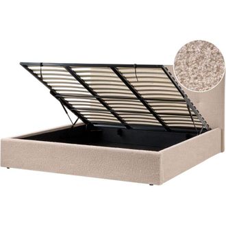Beliani Ottoman Bed Beige Fabric Boucle Upholstery EU Super King Size Headboard Storage Function Modern Design LORIENT