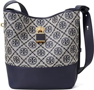 Tory Burch Medium Lock T Monogram Bucket Bag in Tory Navy at Nordstrom