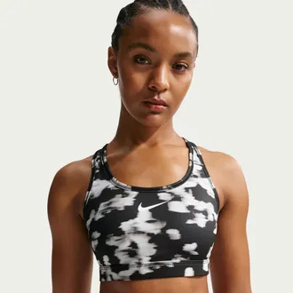 Nike Womens Swoosh Medium-Support Padded Printed Sports Bra in Black | IO0757-010