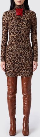 Blumarine Animal-Print Jersey Sheath Mini Dress with High Neck and Flower Appliqu&eacute;