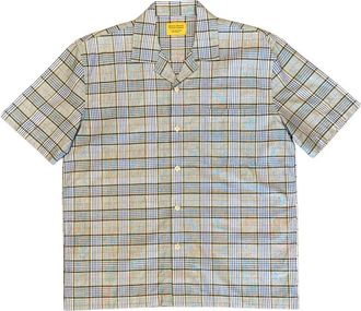 Original Madras Trading Company Mens Lax Camp Collar Short Sleeve Shirt In Tan / Blue Check