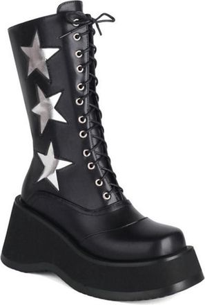 Generic Womens Combat Boots Platform Mid Calf with Stars Wedge Heel Side Zipper Gothic Motorcycle Shoes (7.5,Black)