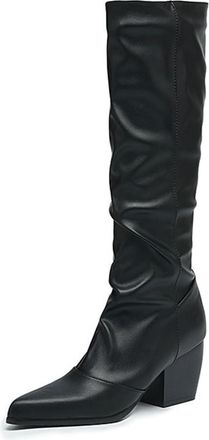 Generic Womens Fashion Pleated Knee High Riding Boots Pointed Toe Chunky Heel Pull On Winter Versatile Shoes (Black,7.5)