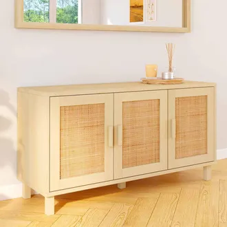 IDMarket Elin Aparador Bajo Vintage De 3 Puertas Efecto Ca&ntilde;a Natural 113 Cm