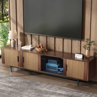 Merax 200cm Wood Lowboard TV Cabinet with Tempered Glass Door, & LED in Walnut