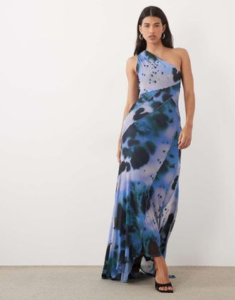 Asos vestito maxi monospalla in rete con cuciture a vista e fondo ampio con stampa blue blur-Multicolore