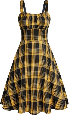 Belle Poque Vintage Sleeveless Plaid Spaghetti Strap Dresses 1950s Sweetheart Neck Gingham A-line Cocktail Midi Dress, Yellow and Blue, M