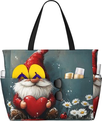 Generic Valentines Gnomes Print Large Beach Bag Foldable Travel Shoulder Tote Bag With Pocket For Weekender Pool Vacation