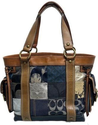 Coach Denim Leather Canvas Handbag Tote Bag (Pre-Owned)