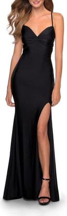 La Femme Form Fitting Dress with Ruched Bow Bodice in Black at Nordstrom, Size 10