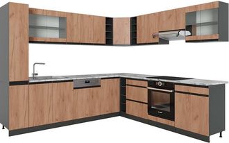 Vicco Cocina Esquinera R-line, Oro Power Roble/antracita, 257 X 277 Cm J-shape, Et M&aacute;rmol