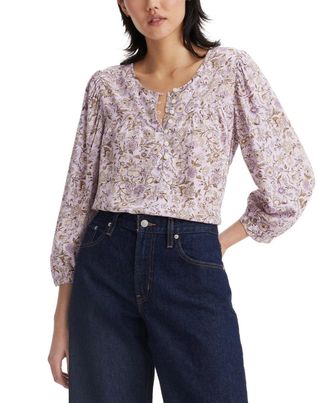 Levi's Halsey Top Womens Purple Floral Puff Sleeve Relaxed Fit Blouse PALL612