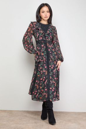 Oasis Womens Petite Chiffon Printed Lace Trim Detail Ruffle Midi Dress - Black - Size 10 UK