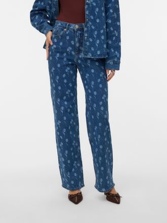 Vero Moda Straight-Jeans VERO MODA VMTESSA HR WIDE FLOWER DENIM JEANS RA380, Damen, Gr. 25, L&auml;nge 32, medium blau denim aop:flower, Denim/Jeans, Obermaterial: 9