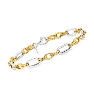 Ross-Simons Italian Sterling Silver and 18kt Gold Over Sterling Alternating Cable and Paper Clip Link Bracelet
