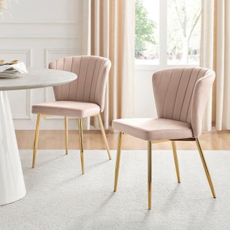 Furniturebox Set of 2 Danica Velvet Dining Chairs With Gold Legs in Pink