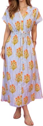 THML Clothing Catherine Short Sleeve Floral Striped Print Dress In Blue