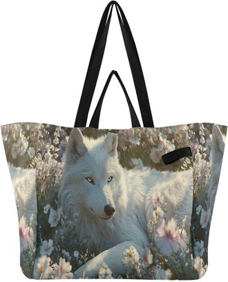 Generic White Horse Blue White Wolf Flower print Reusable Canvas Tote Bag, Heavy Duty Grocery Shopping Bag with Double Handles Large Capacity Hard Bottom Work