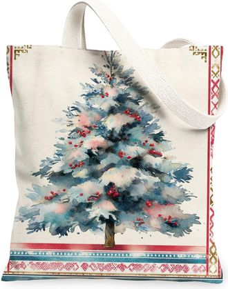 Generic Christmas Canvas Tote Bags, Holiday Tree Design Reusable Shopping Bags, Rustic Festive Lightweight Washable Shoulder Strap Canvas for Travel Outdoor G