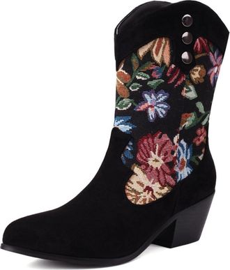 Generic Womens Western Mid-Calf Boots Suede-Like Floral Embroidery Metal Snap Buttons Pointed Toe Block Heels Stylish Durable Comfortable Design,Black,3.5 UK