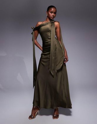Tfnc Vestito lungo in raso color oliva con spalle scese e allacciatura-Verde
