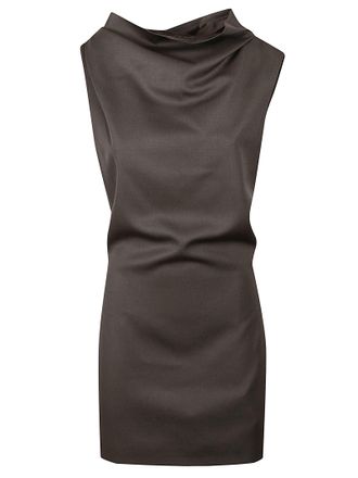 Khaite Satin-Finish Brown Mini Dress with Draped Cowl Neckline