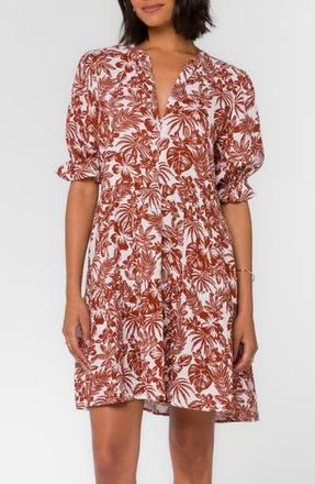 Velvet Heart Tropical V-Neck Puff Sleeve Tiered Minidress in Henna Brown Tropical at Nordstrom Rack, Size Small