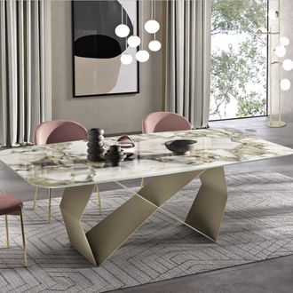 Capodarte Tavolo Fisso 210 Cm Karl Base Metallo Beige E Piano Effetto Marmo Symphonie Oro