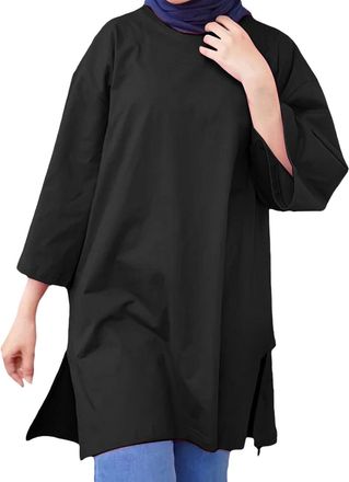 Generic Womens Muslim Islamic Long Shirt - Oversized Tunic Top, Arabian Afghan Dubai Modest Style, Madrassa Button Down Blouse for Daily Wear(Black, XXXXXL)