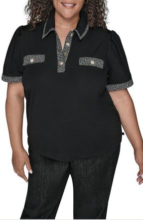Karl Lagerfeld Mixed Media Metallic Tweed Top in Black at Nordstrom, Size 2X