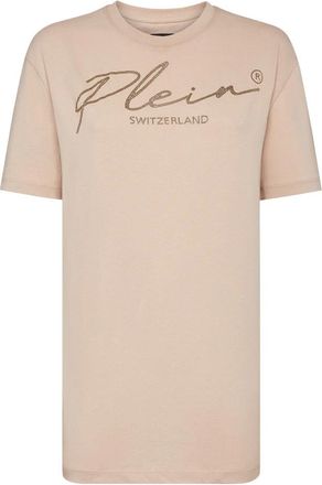 Philipp Plein T-shirt Ronde Hals SS Crystal Signature - Dames - T-shirts - Beige - XS - Katoen - Tops
