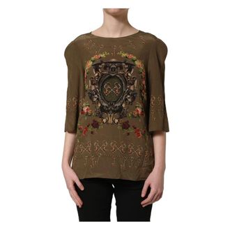 Dolce & Gabbana Blouses, female, Brown, Size: XS Round Neck Short Sleeves Blouse