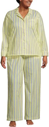 Lands End Plus Size Cotton Poplin 2 Piece Pajama Set - Long Sleeve Top and Pants in Yellow Bliss Multi Stripe at Nordstrom, Size 2X