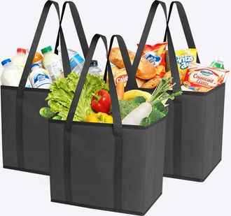 Generic Reusable Grocery Tote Bags, 3-Pack Heavy Duty Reusable Shopping Bags with Long Handles, Large Box Shape Tote Bags to Stand Up, Stay Open, Fold Flat (B