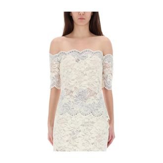 Paco Rabanne Top corto de encaje sin hombros y manga corta - Blouses & Shirts - Mujer - Beige - S