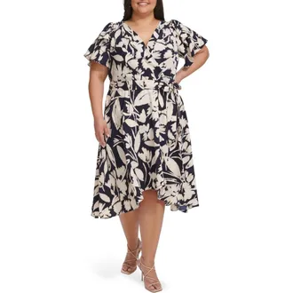 DKNY Double Flutter Sleeve Faux Wrap Dress in Spring Navy at Nordstrom Rack, Size 16W
