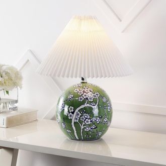 Jonathan Y Designs Shishen Cottage Classic Chinoiserie Ceramic Orb LED Table Lamp with Pleated Shade in Green/white at Nordstrom