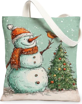 Generic Christmas Snow Man Canvas Tote Bags, Holiday Art Pattern Reusable Grocery Bags, Vintage Lightweight Washable Shoulder Strap, Light Blue, 13x15 Inch