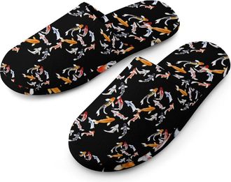 Generic Japanese Colorful Fish Flannel Mens Slip-on Slippers Winter Warm House Shoes with Rubber Sole for Home Hotel