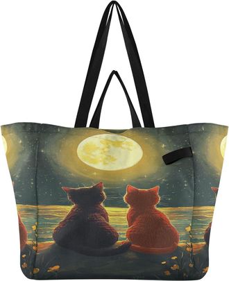 Generic Moon Flowers Cats Yellow print Reusable Canvas Tote Bag, Heavy Duty Grocery Shopping Bag with Double Handles Hard Bottom Large Capacity Work Groceries